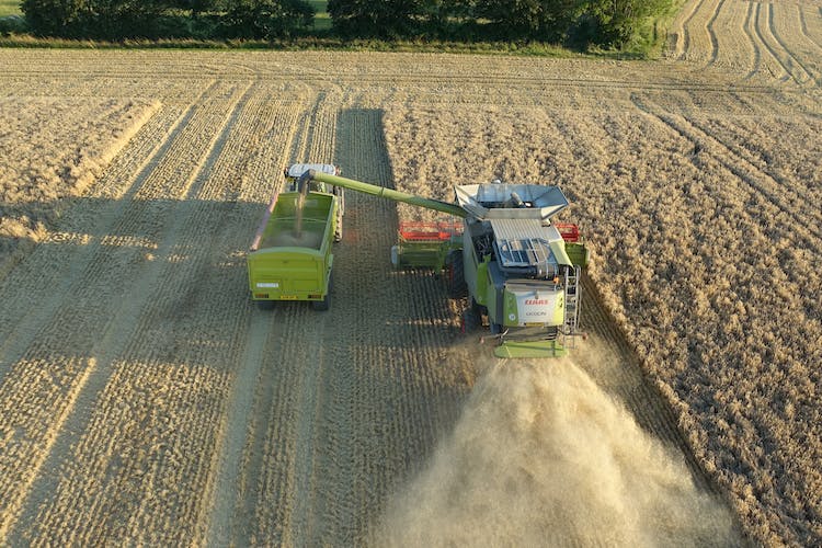 La transizione ecologica dell'agricoltura italiana, raffigurata da due mezzi al lavoro in un campo di grano